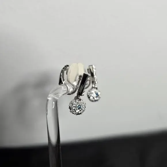 Swarovski Rhinestone Ball Drop Earrings Silver Tone White Blue Crystal Pave Clip - Picture 5 of 8